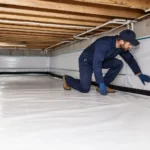 Reinforced crawl-space vapour barrier installed across the ground and lower walls