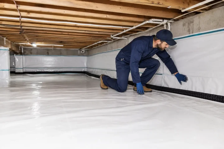 Reinforced crawl-space vapour barrier installed across the ground and lower walls
