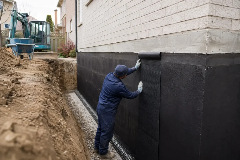 Exterior basement waterproofing membrane being installed on an exposed foundation wall