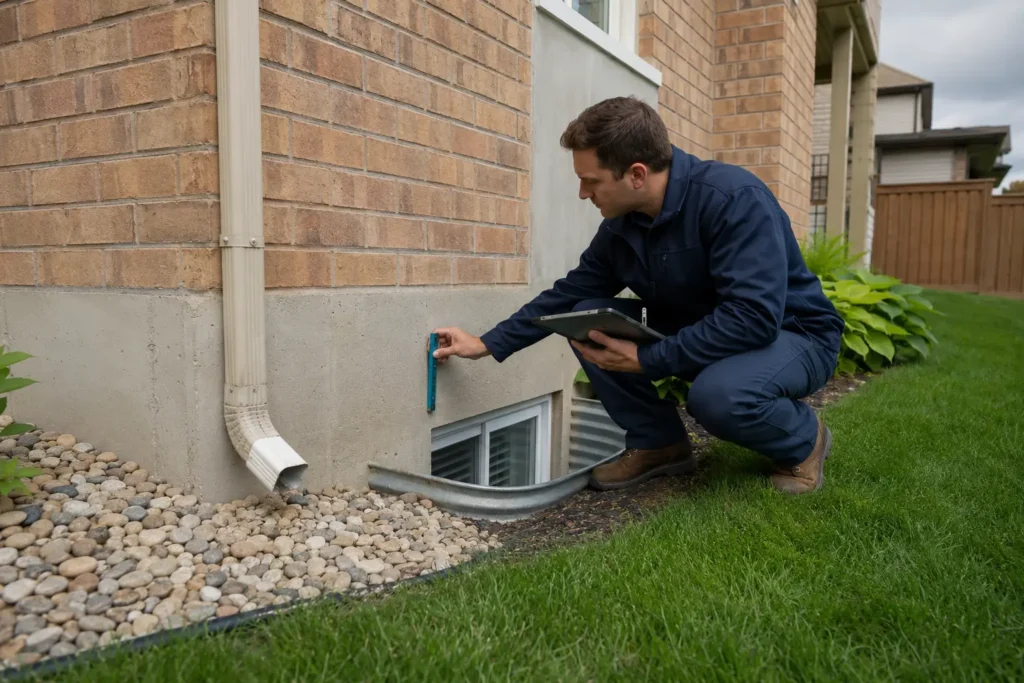 Professional reviewing grading downspout and window well conditions outside a home