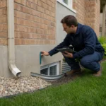Professional reviewing grading downspout and window well conditions outside a home
