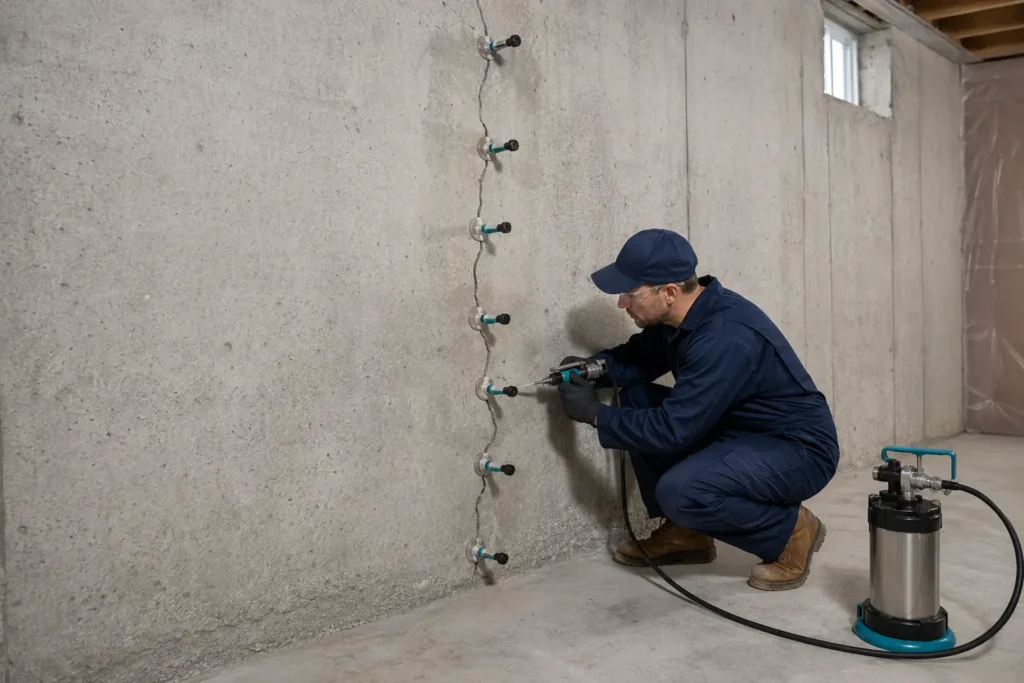 Foundation crack injection repair on a poured concrete basement wall