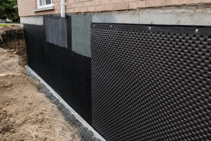 Exterior foundation waterproofing membrane and dimple drainage layer