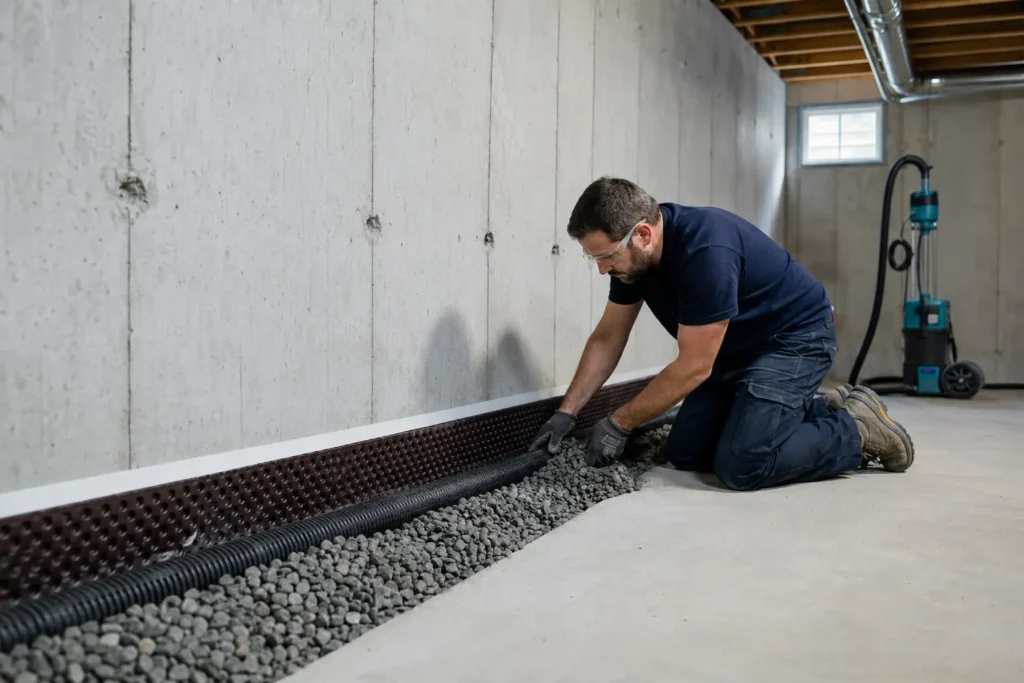 Interior perimeter drainage pipe and stone installed beside a basement foundation wall