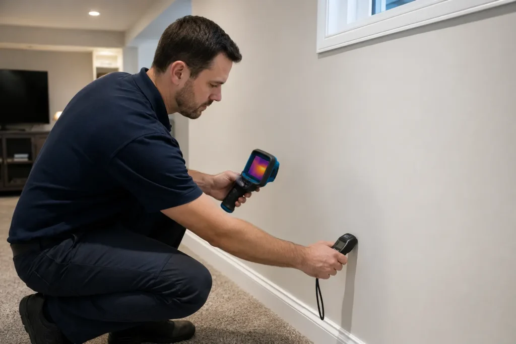 Waterproofing professional checking a finished basement wall with moisture instruments