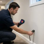 Waterproofing professional checking a finished basement wall with moisture instruments