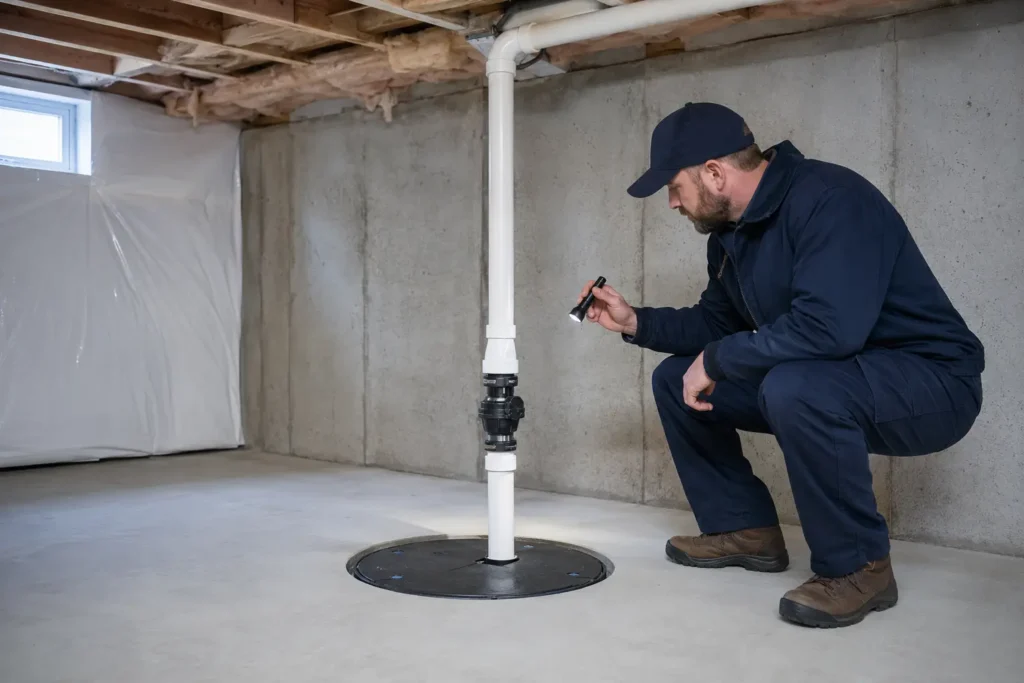 Contractor inspecting a sealed basement sump pump and discharge system