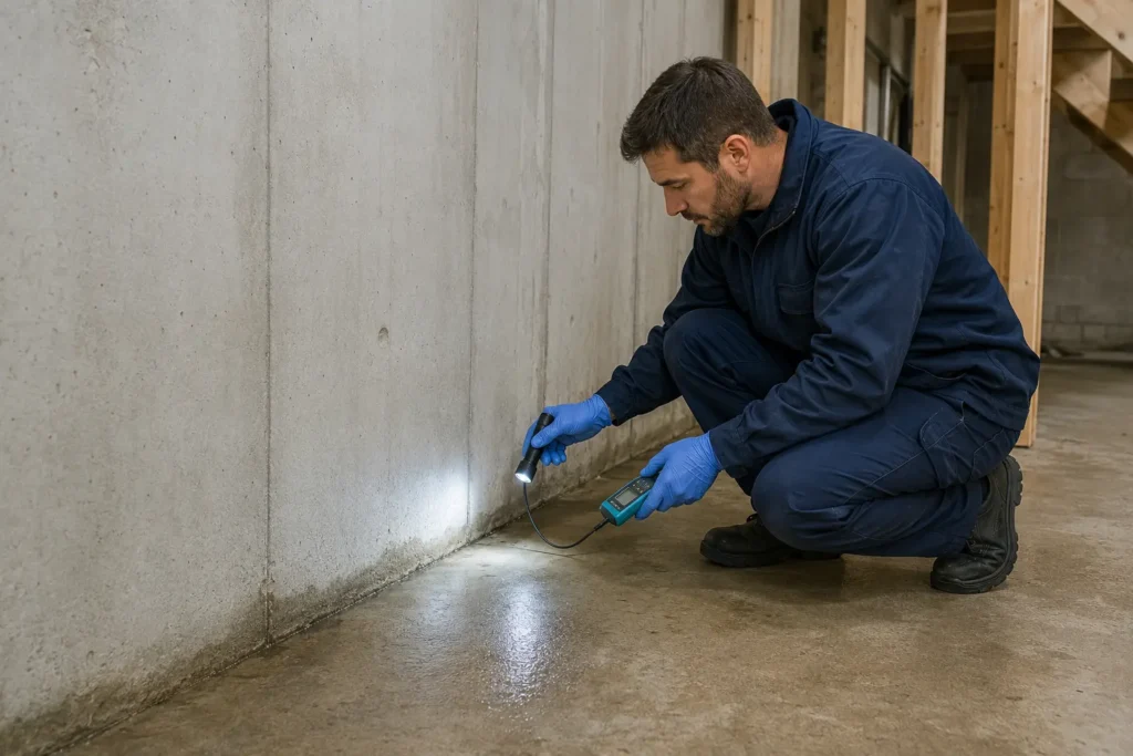 Contractor inspecting moisture along a concrete basement wall-to-floor joint
