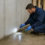 Contractor inspecting moisture along a concrete basement wall-to-floor joint
