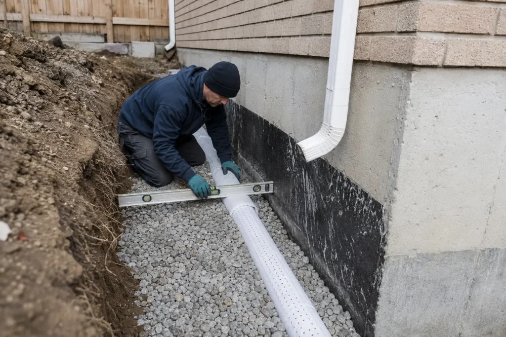Exterior weeping tile and drainage stone installed beside a foundation footing