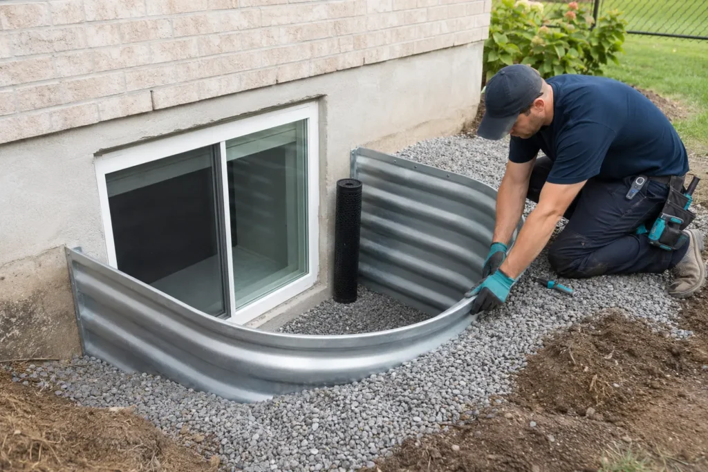 Basement window well with clean drainage stone and a vertical drain