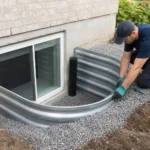 Basement window well with clean drainage stone and a vertical drain